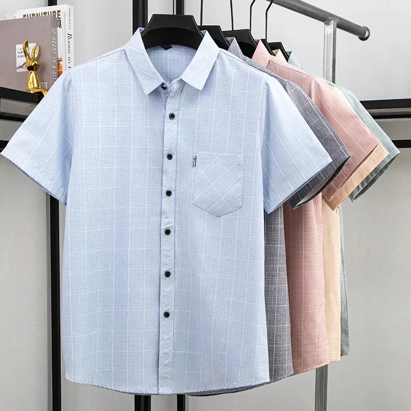 Mens Regular Fit Plaid Pattern Short Sleeve Shirt Turn Down Collar Tops For Men Daily Office And Work