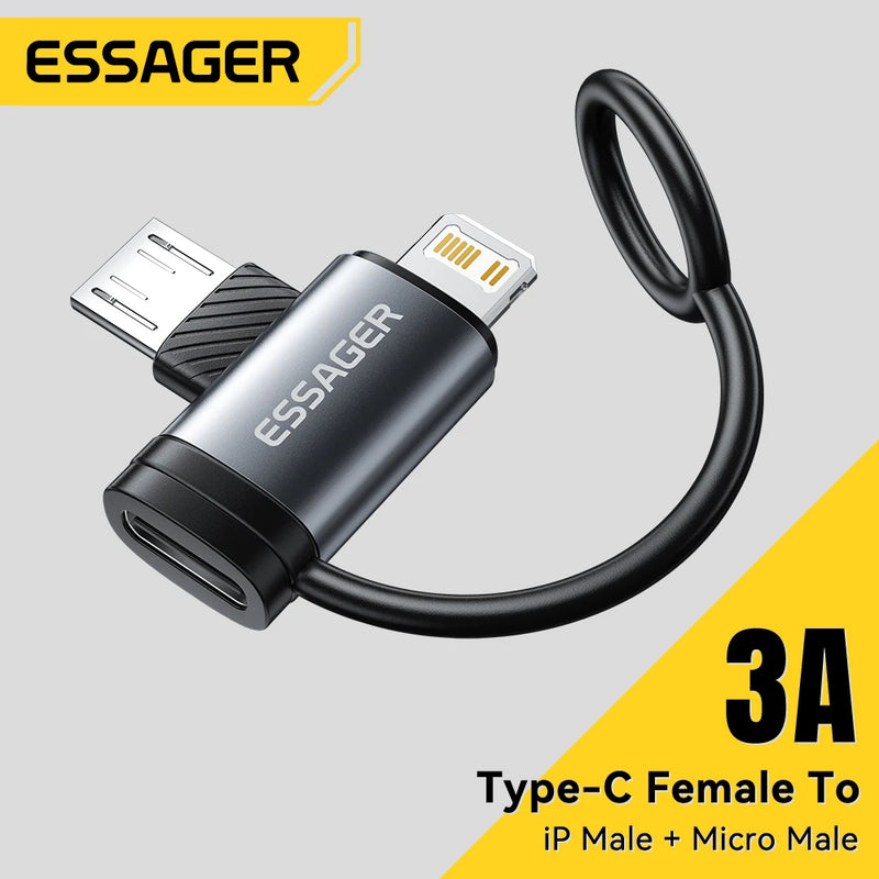 អាដាប់ទ័រភ្លើង/មីក្រូ Essager 2 ក្នុង 1 សាកថ្មលឿន USB ប្រភេទ C សម្រាប់ iPhone 17 16 15 14 13 12 11 iPad Converter