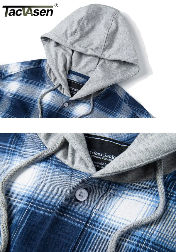 TACVASEN Men's Flannel Long Sleeve Hoodie Plaid Shirts Lightweight Cotton Button Down Casual Shirts with Pocket 2026 New Fashion