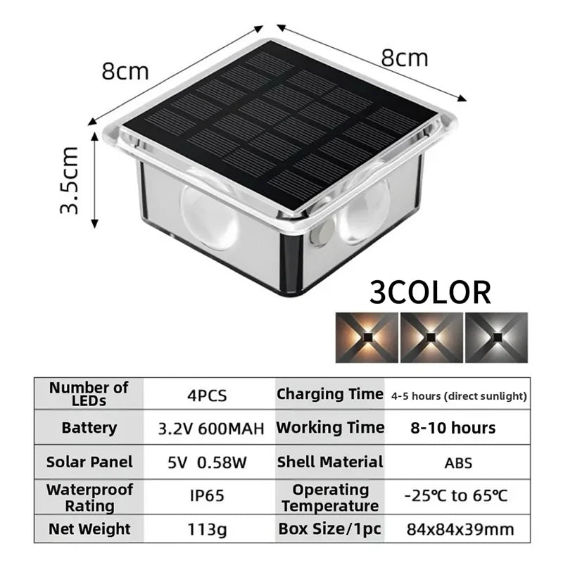 ភ្លើងជញ្ជាំង LED ដើរដោយថាមពលព្រះអាទិត្យ 4LED ក្តៅ/RGB ពហុពណ៌ ឡើងលើចុះក្រោម ភ្លើងជញ្ជាំង ចង្កៀងរបងការពារទឹកសម្រាប់សួនច្បារ ទីធ្លា ផ្លូវរានហាល