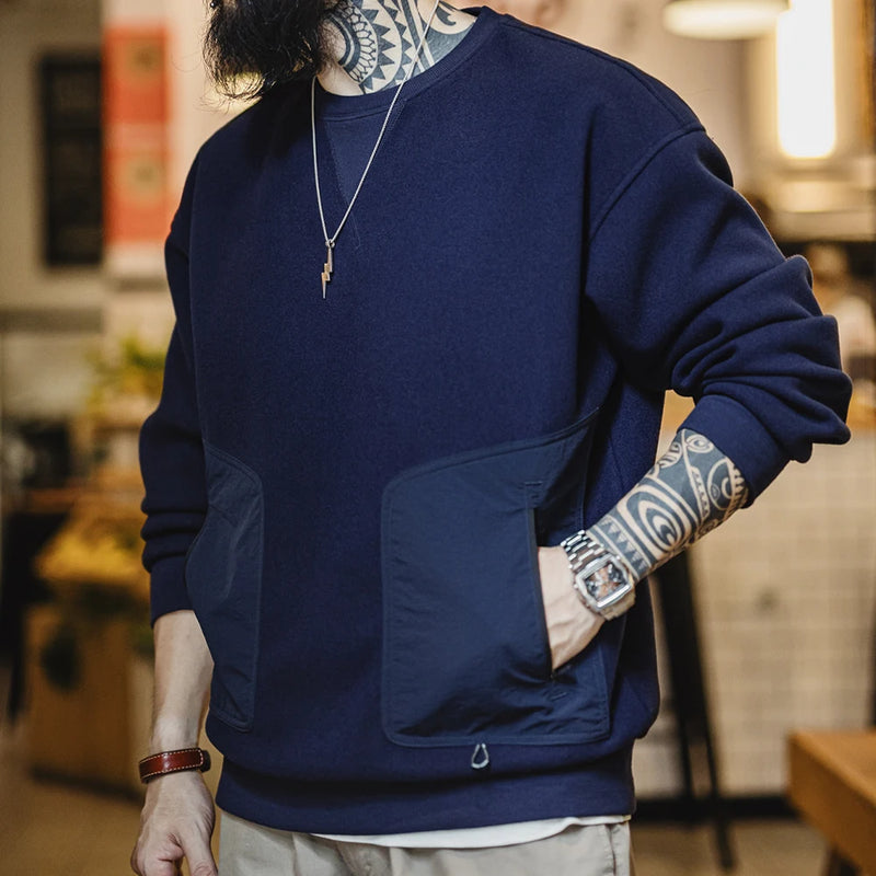 Maden Vintage Heavyweight Patchwork Pocket Sweatshirt Loose Round-neck Versatile Hoodies for Men's Autumn Long-sleeved Pullover