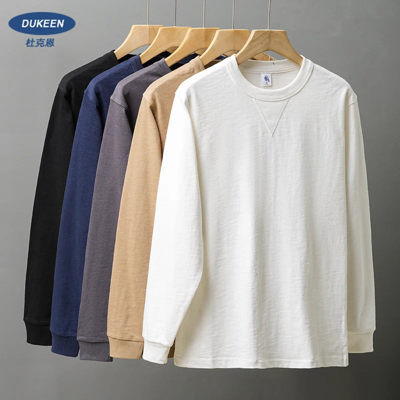 DUKEEN 320Gsm Pure Cotton Men Long-Sleeve T Shirts Spring and Autumn Heavyweight Casual Oversize Tops Solid Color Men's Clothing