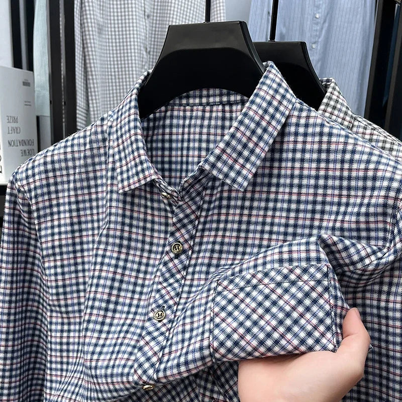 Men's Lapel Collar Plaid Shirt Long Sleeve Lightweight Fabric Breathable Casual Business Daily Wear Comfortable