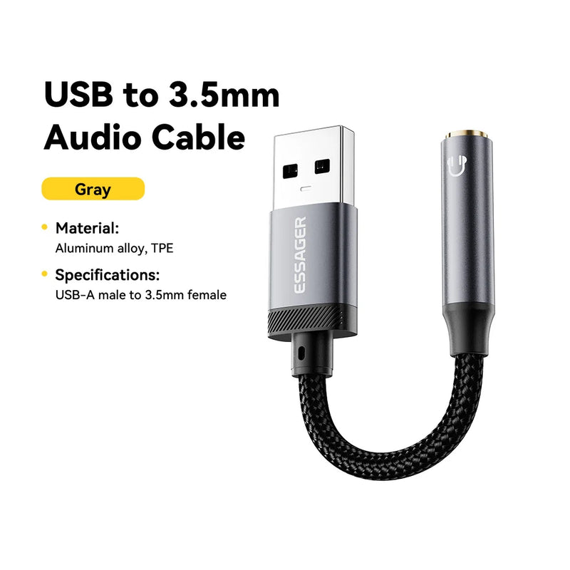 Essager USB To 3.5mm Audio Cable External Sound Card USB Female to 3.5mm Jack Adapter for Headphone PC Laptop Swittch Speakers