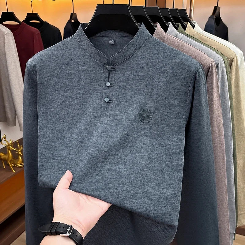 Men Long Sleeve Button Placket Tee Stand Collar Chest Embossed Detail Loose Fit Daily Office Leisure Wear Top