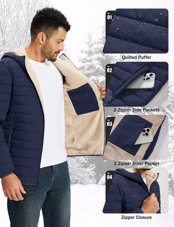 TACVASEN Men's Winter Puffer Sherpa Lined Quilted Waterproof Down Jacket Warm Windproof Ski Coat For Hiking And Fishing