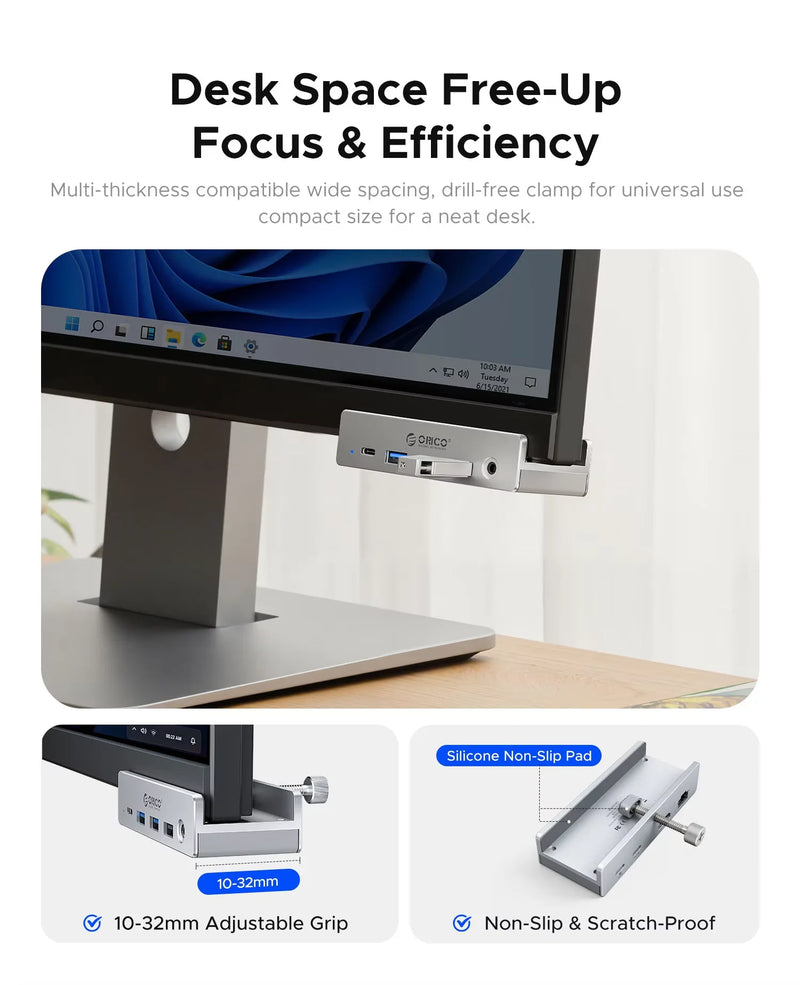 ORICO Aluminum 8 in 1 USB Clip Hub With Power Supply Suitable for High Speed 10GBPS Data Transmission on MAC OS PC