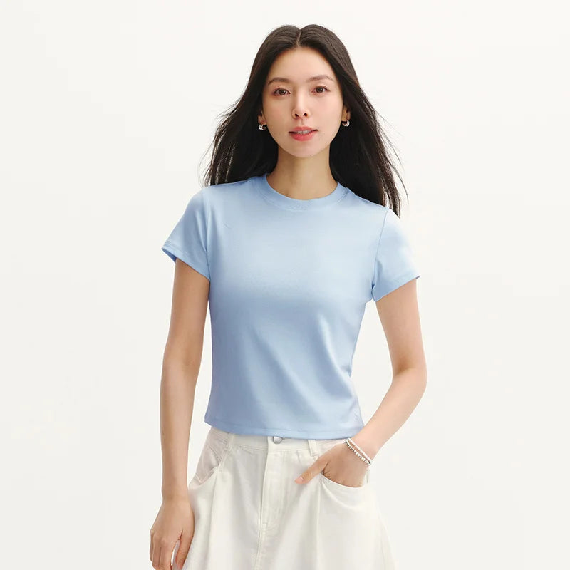 Semir Womens Tshirt 2026 Short Style Slim Regular Shoulder Crew Neck Versatile Cool Feeling Casual