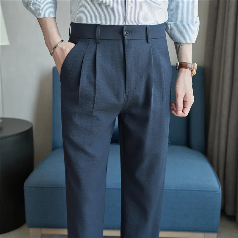 Men's Old Money Style Linen-Cotton Pleated Dress Pants – Lightweight, Semi-Elastic Waist & Wrinkle-Free for Summer
