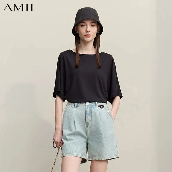 Amii Women's Summer Tee 2026 New Boat Neck Dolman Sleeve Loose Versatile T-Shirt Stretch Casual Knit Ladies Clothing 12622054