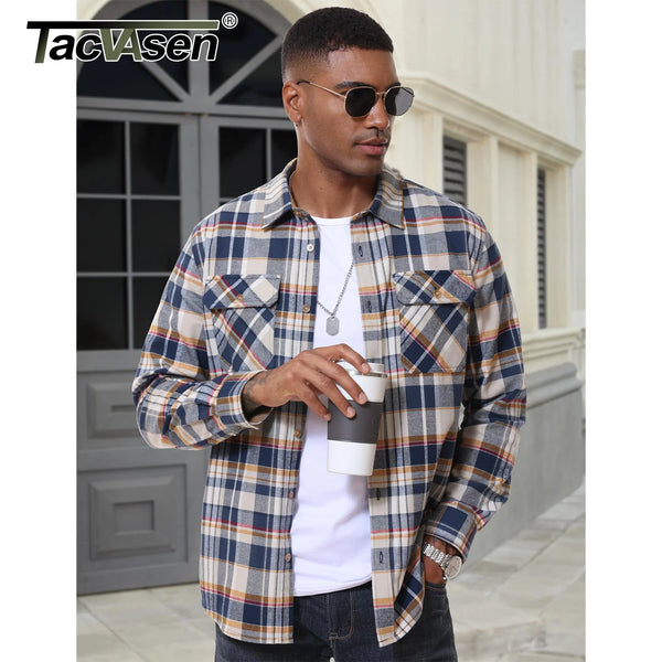 TACVASEN Casual Cotton Plaid Flannel Shirts Mens Button Up Long Sleeve Shirts 2 Chest Pocket Shirt Jacket Lightweight Coat Male