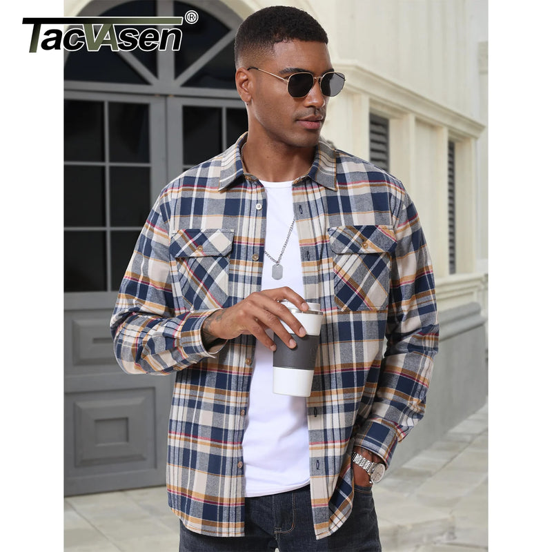 TACVASEN Casual Cotton Plaid Flannel Shirts Mens Button Up Long Sleeve Shirts 2 Chest Pocket Shirt Jacket Lightweight Coat Male