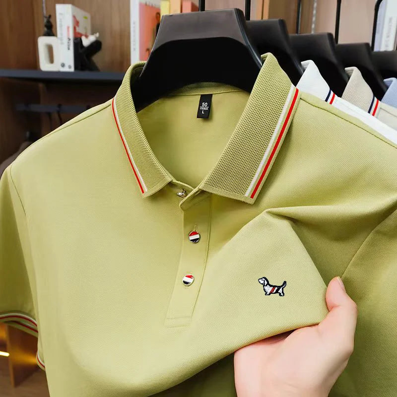 Luxury Man Short-Sleeved Polo Shirt Lapel Button Silk-Containing Dog Embroidery British Style T-Shirt Outdoor Leisure Men's Wear