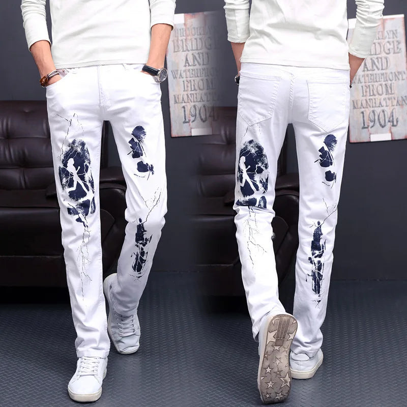 Men's Red Rose Embroidered Jeans, Black Blue Stretch Pants for Men White Fashion Pantalon Hole Decoration Male Slacks 28-42