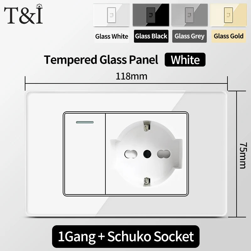 T&I Wall Switch Sockets With USB TypeC  Fast Charging, Italy Socket , Chile Schuko Outlet, Tempered Glass Panel for Home