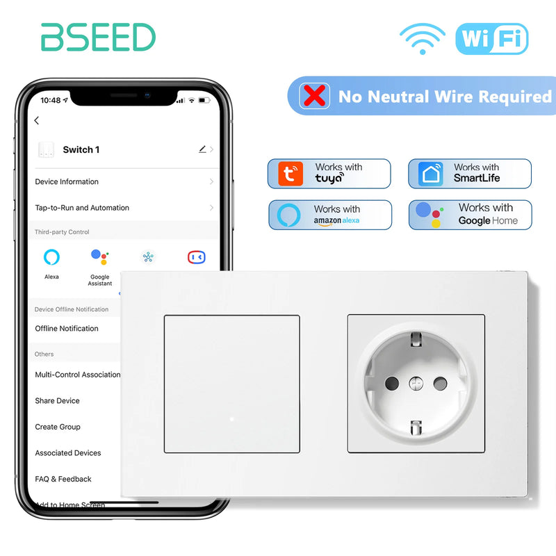 BSEED 1/2/3Gang 2Way WIFI Light Switch Smart Click Switch With EU Wall Socket Plastic Frame Tuya Smart Life No Neutral Line