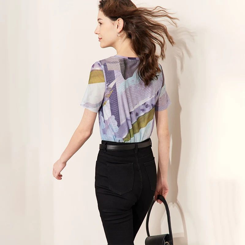Amii Women's T-Shirt 2026 Summer New Round Neck Artistic Print Breathable Mesh Tee Casual Short Sleeve Top For Women 12612043