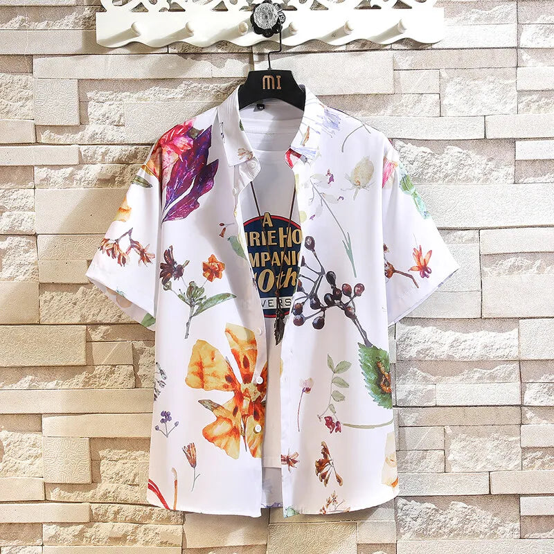 2026 Summer Men's White Short Sleeve Printed Shirt, Beach Vacation Shirts, White Black Gray Green Blue Loose Top, 2025 New
