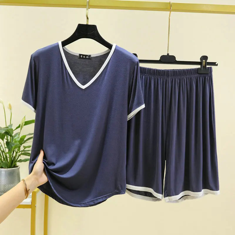 Summer Ensemble Femme 2 Pièces New Modal Short Sleeve Sleepwear Set V Neck T-Shirt Shorts Suit Casual Pajamas Women Nightwear