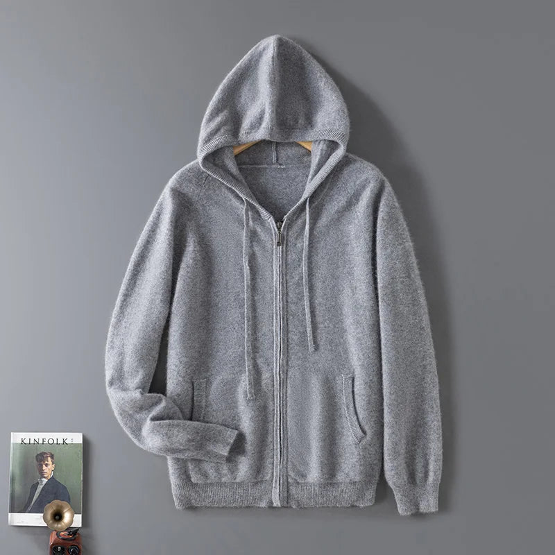 100% Wool  Men's Zip-Up Hooded Sweater, Soft Knit with Pockets, Ideal for Fall and Winter Daily Commute