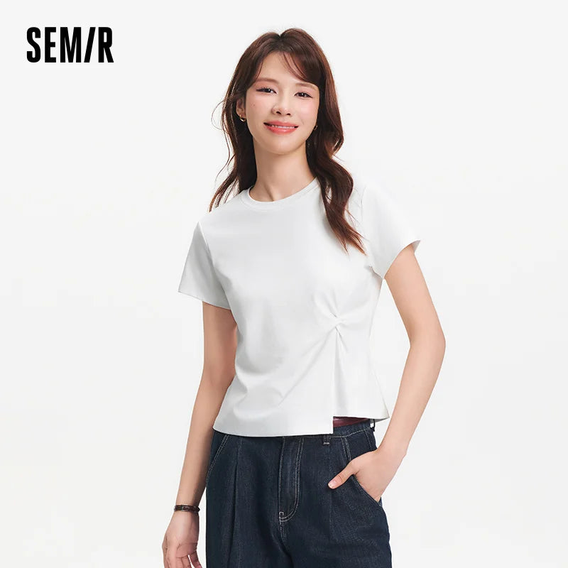 Semir Womens Tshirt 2026 Short Style Solid Slim Regular Shoulder Knot Asymmetric Design Casual Soft