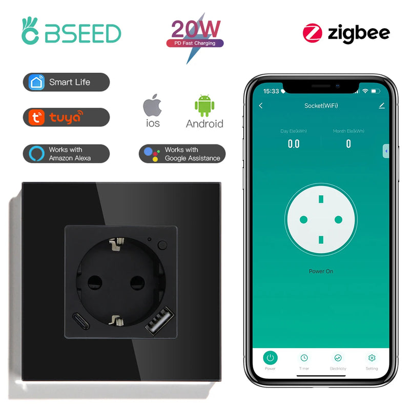 BSEED Zigbee Smart Socket 20W Fast Charge USB Type-C Phone Charge Port Glass Panel Tuya Google Home Alexa Control