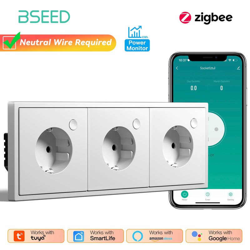 BSEED E Series Zigbee Socket Power Monitor Function Smart Electric Outlets Tuya Smart Life Google Home Control Plastic Frame