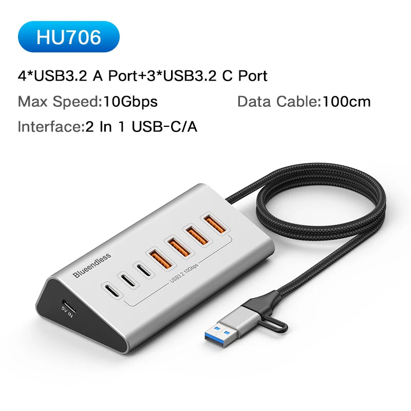 ស្ថានីយ៍ចត HUB អាលុយមីញ៉ូម Blueendless 10Gbps USB3.2 Gen2 4/10 រន្ធ USB-C USB-A ប្រភេទ C ឧបករណ៍បំបែកសម្រាប់កុំព្យូទ័រកុំព្យូទ័រយួរដៃ macbook