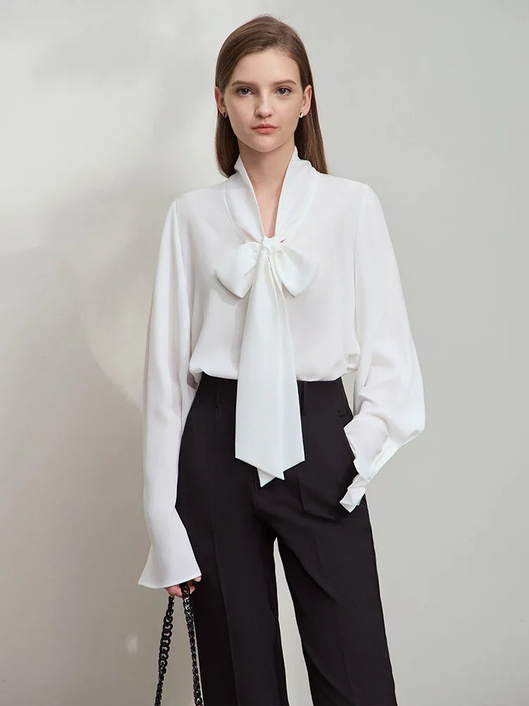 AMII Minimalist Women's Chiffon Blouse 2026 Autumn New Elegant Premium French Lace-up Commuter Basic Loose Shirt Tops 12541048