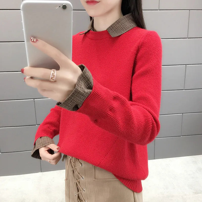 Fake Two Piece Women's Knitwear Top Fashionable Lapel Collar Shirt Bottom Sweater Autumn Winter Long Sleeve Pullovers Femme