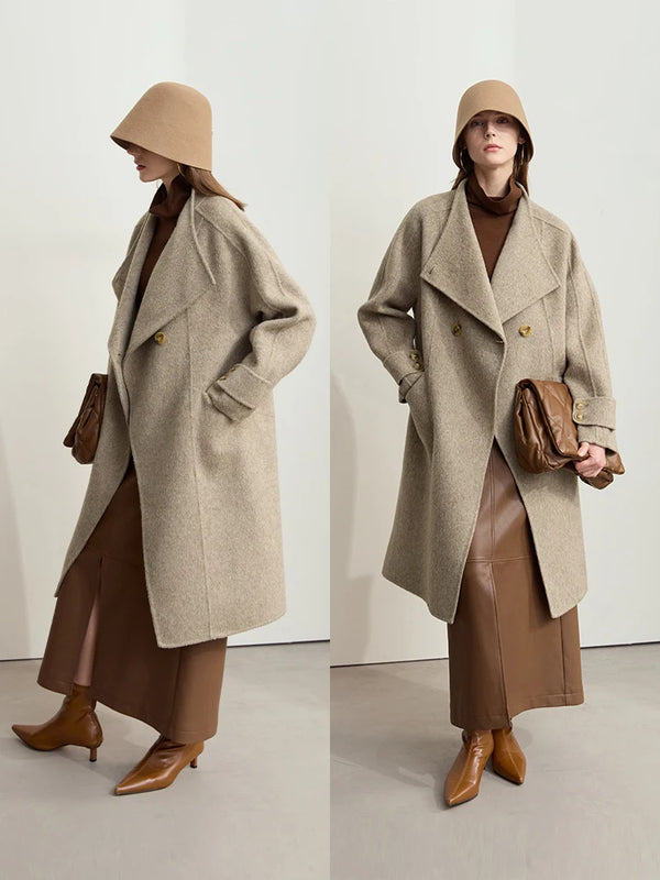 AMII Minimalism 100% Wool Double-sided Woolen Coat for Women 2026 Winter Commuter Raglan Sleeve Loose Long Outerwear 12424063