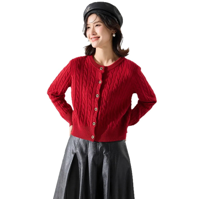 Knitted Sweater Women's 2026 Autumn Autumn Round Neck Short Top Long Sleeve Slim Ladies Knitwear Jacket Cropped Cardigan Coat