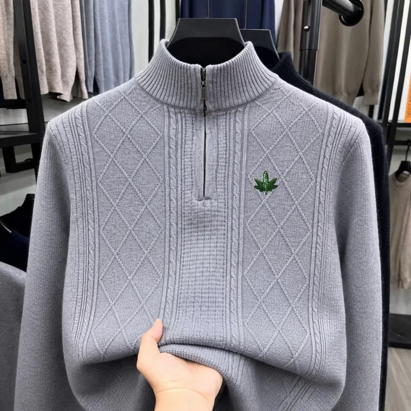 High-End Man Long-Sleeved Knitwear Mock Neck Zipper Leaf Embroidery Diamond Pattern Autumn Winter New Leisure Versatile Sweater