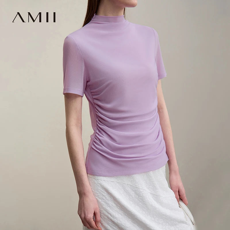 Amii Women's T-Shirt 2026 Summer New Shirred Short Sleeve Women's Tee Shirt Mock Neck Mesh Slim Stretch Lightweight Top 12612027