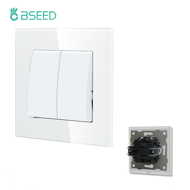 BSEED EU Standard Wall Light Switch 1/2Gang 1/2Way Toggle Switch Glass Panel White Color Wall Switch On Off 10A 250V for Stairs