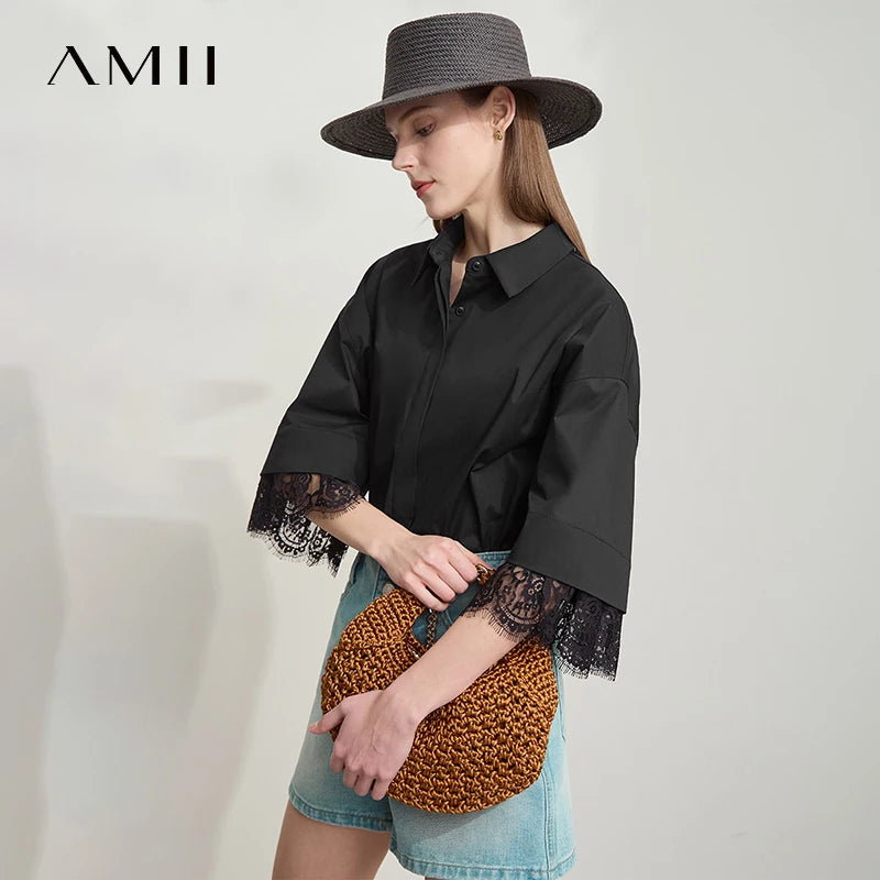 អាវកប្បាស Amii Minimalist សម្រាប់ស្ត្រីឆ្នាំ ២០២៥ រដូវក្តៅថ្មី ដៃអាវពាក់កណ្តាលស្មា រាងរឹង រំយោល 12542096