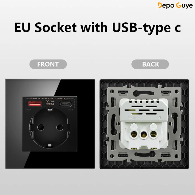 European Standard 4 Gang Wall Power Socket 16A Glass Panel with Dual USB Type-C Ports White/Black Industrial Home Hotel