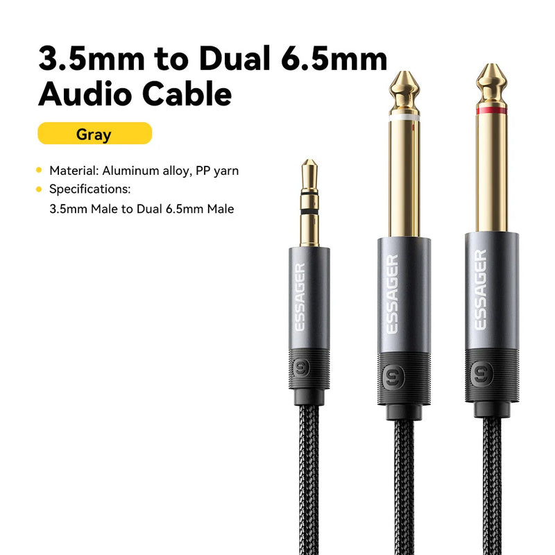 ESSAGER 3.5mm to Dual 6.5mm TRS Cable  AUX Adapter Audio Cable Jack 3.5 to 6.35 Stereo Cable for Mixer Amplifier Speaker Guitar