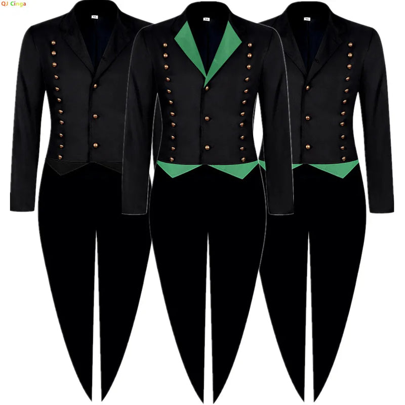 2026 New Arrival Men's Black Tuxedo, Triple-Breasted Green Patchwork Long Jacket, Vintage-Style Outerwear.