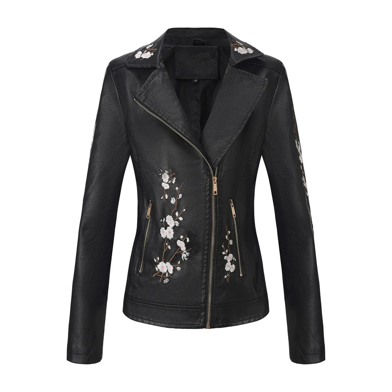 2026 New Women's Black Embroidered PU Jacket, Street-Style Brown Faux Leather Coat, Fashionable Beige Long Sleeves Top.