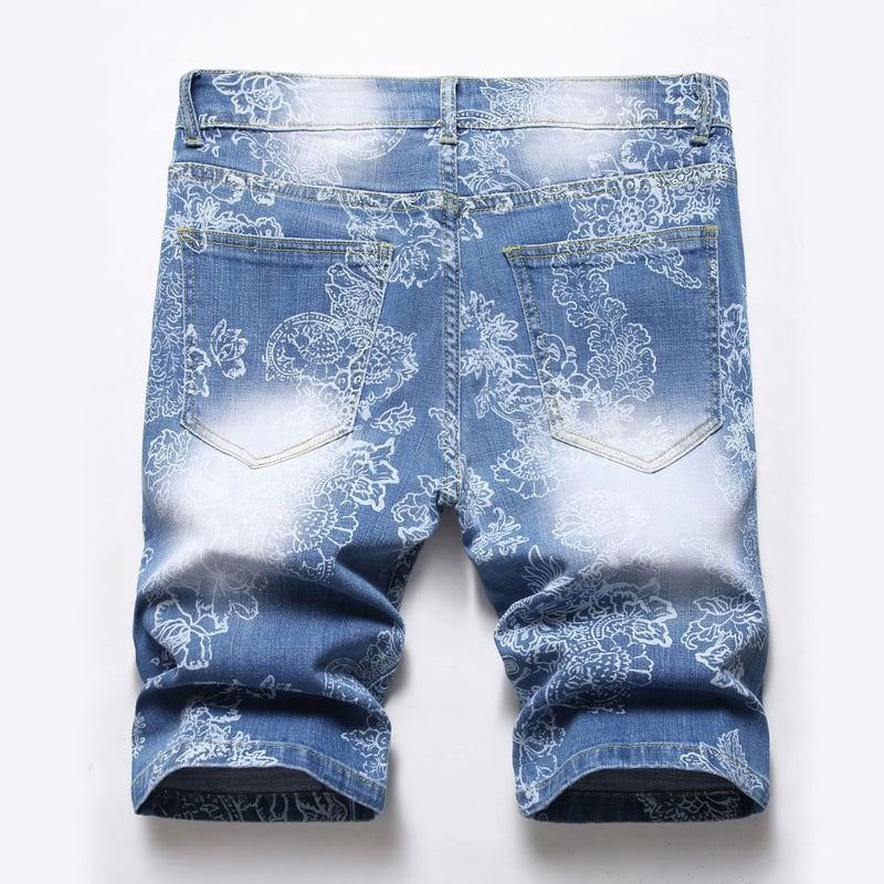 New Summer Collection of Men's Blue Stretch Denim Shorts, Stylish Casual Printed Jeans Shorts, Asian Sizes 28–42.
