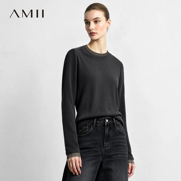 អាវយឺតដៃវែង Amii សម្រាប់នារី រចនាបថសំណាញ់ កមូល រាងស្លីម សាមញ្ញ សាមញ្ញ រដូវរងា សម្រាប់នារី 12624073