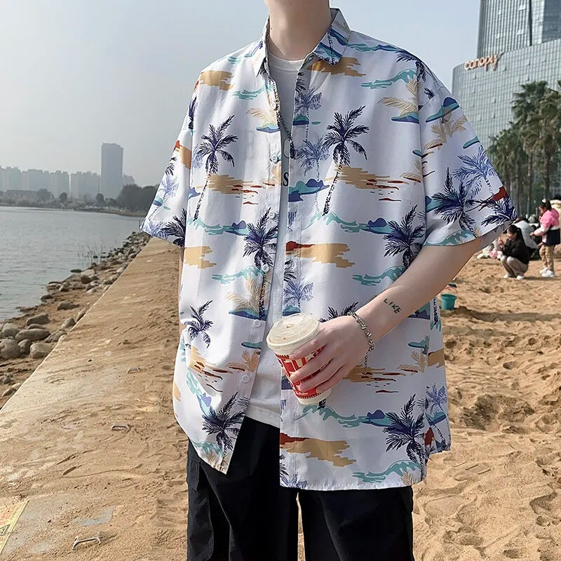 2026 Summer Men's White Short Sleeve Printed Shirt, Beach Vacation Shirts, White Black Gray Green Blue Loose Top, 2025 New
