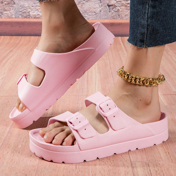 4cm High Ladies Slippers with Two Straps Double Buckles Platform Sandals Women Slides Cushion Lightweight 12 Colors Options