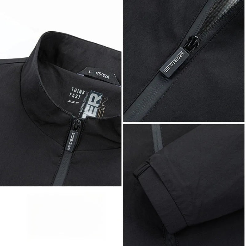 Men's Stand Collar Full Zip Jacket – Lightweight Casual Business Windbreaker with Zipper Pockets, Old Money Style