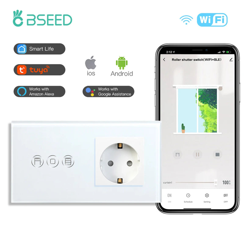 BSEED Wifi Touch Roller Shutter Switch With EU Standard Wall Socket USB Type-C Smart Wireless Blinds Switch Tuya Alexa Control
