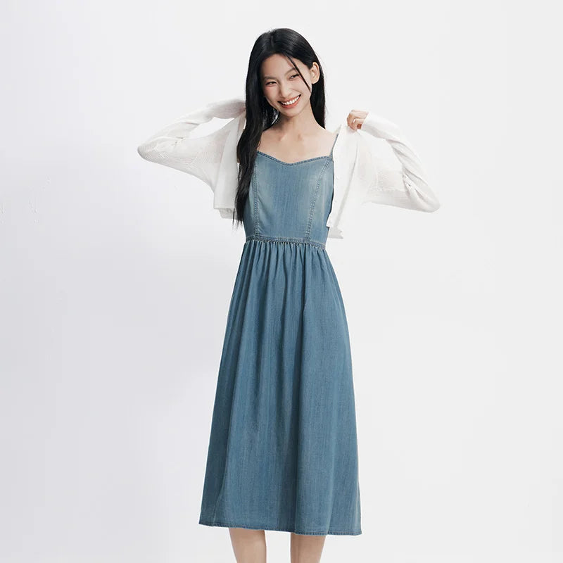 Semir Women Dress Denim V Neck Cool Feeling Slip Dress Short Cardigan Two Piece Set Cool Stylish 2026 Summer Casual Fashion Top