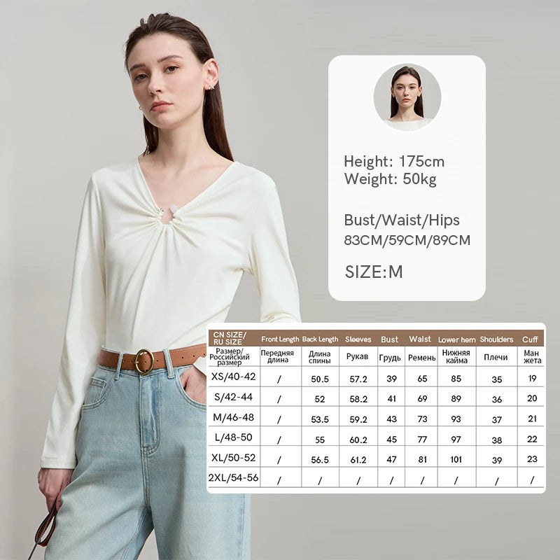 AMII 2026 Autumn Minimalism Solid V-neck T-Shirt Office Lady Long Sleeves Basic Slim Detachable Design Women Clothing 12523066