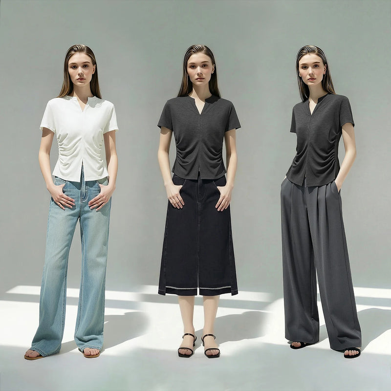 Amii Women's T-Shirt 2026 Summer New V Neck Hem Slit Shirred Knit Top Colid Color Casual Women's Short Sleeve T-shirt 12622129