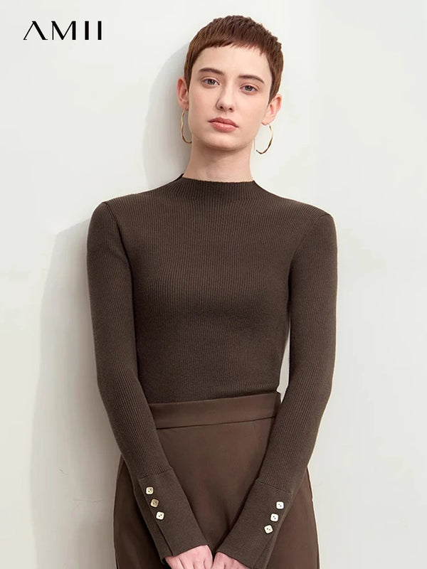 Amii Women's 2026 Autumn Slim Fit Knit Sweater Mock Neck Slit Cuffs Metal Buckle Detail Vintage Style Bottoming Top 12443252
